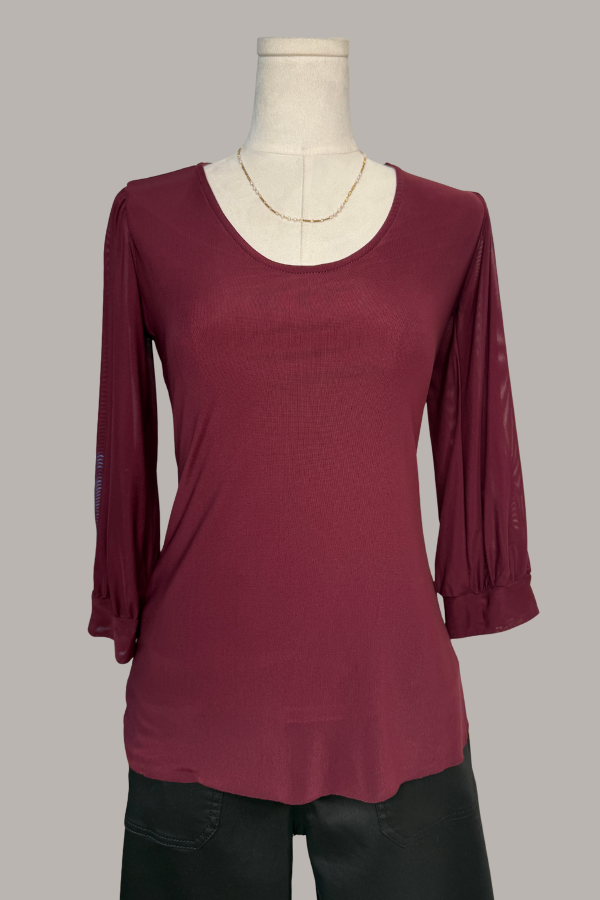 3/4 Sleeve Scoop Neck Mesh Top | Wine Mesh, Black Mesh