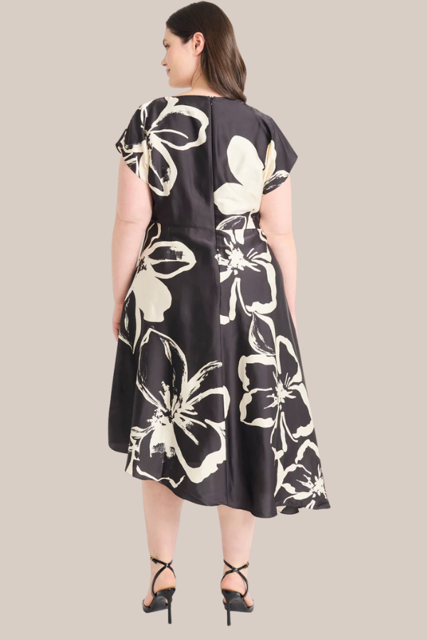 Cap Sleeve Drape Neck Floral Dress | Black/Cream