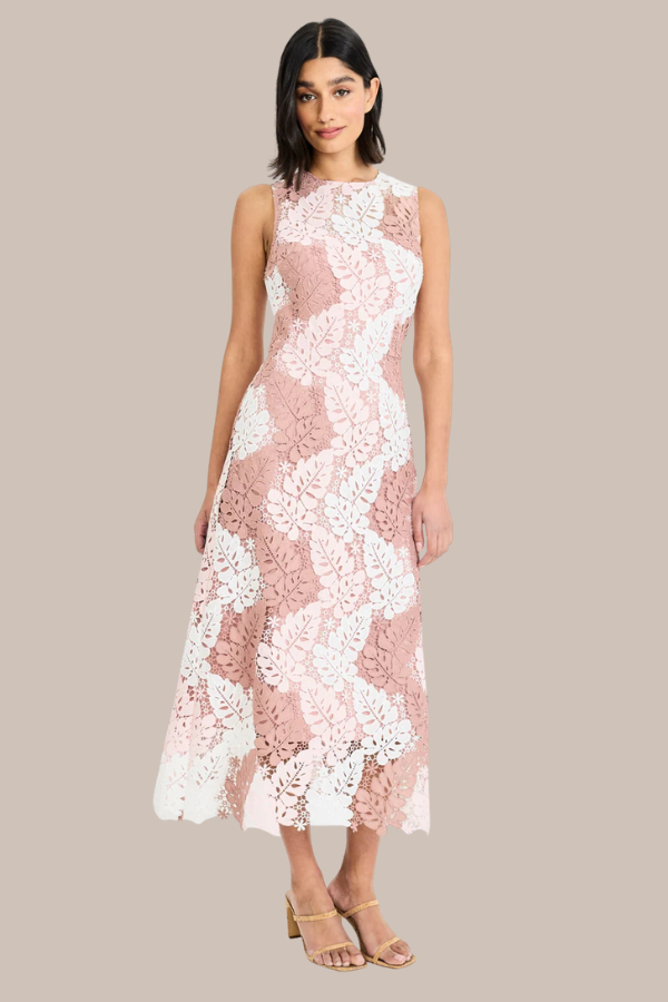 All Over Lace Tea Length Dress | Rose White