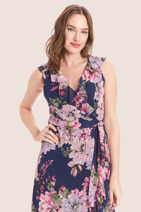 Chiffon Surplice Floral Dress | Navy/Pink