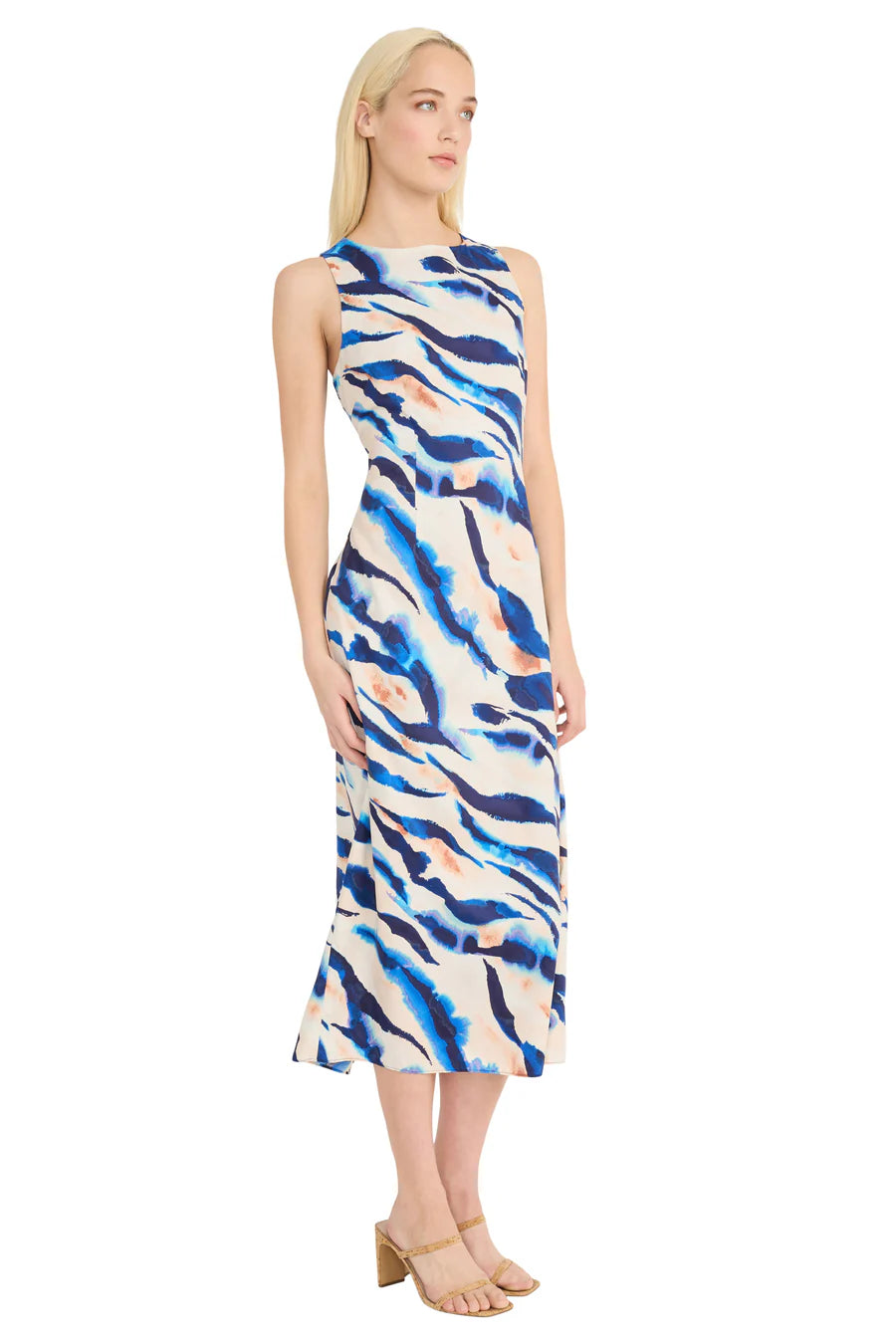 Sleeveless Long Satin Print Dress | Ivory/Blue