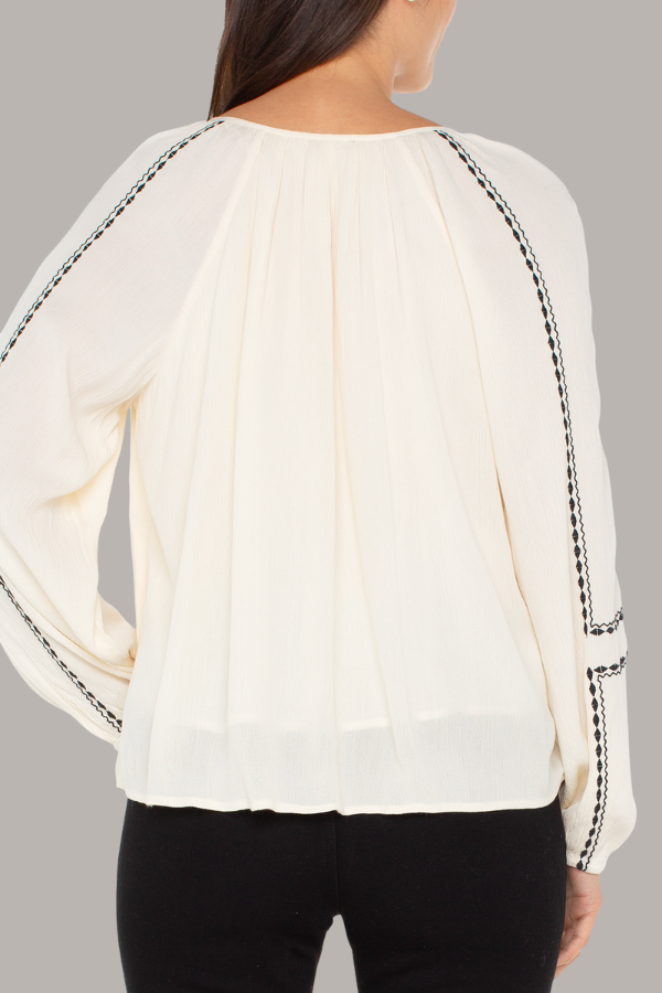 Long Sleeve Woven Raglan Top | Alabaster w/ Black Embroidery