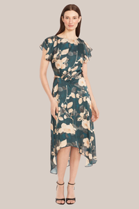 Cap Sleeve Crew Satin Floral Dress | Teal/Gold