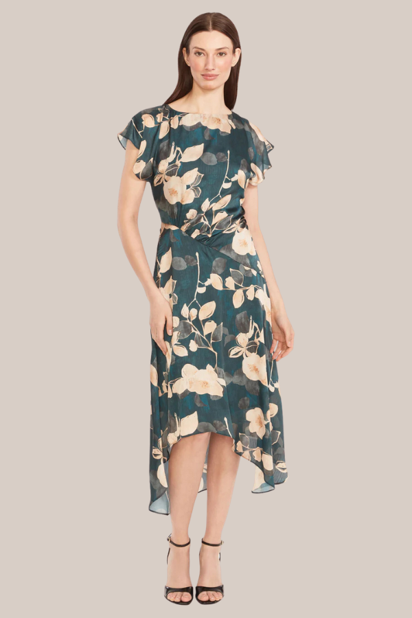 Cap Sleeve Crew Satin Floral Dress | Teal/Gold