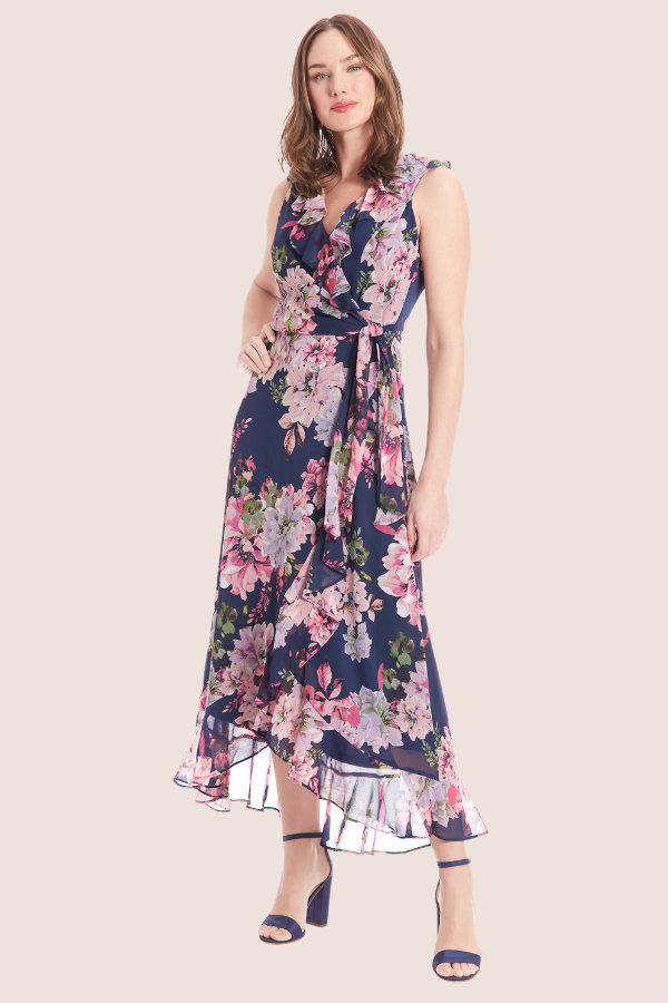 Chiffon Surplice Floral Dress | Navy/Pink