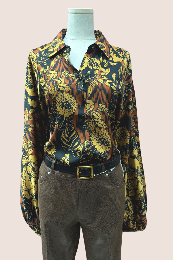 Long Sleeve Button Front Satin Blouse | Pink Ikat