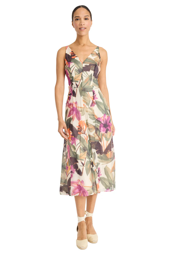 Double Floral V-Neck Seamed Dress | Ivory/Berry