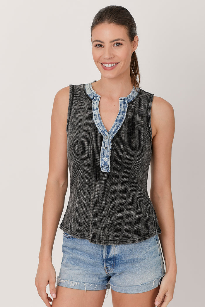 Washed Thermal Sleeveless Henley Top | Black, Cream