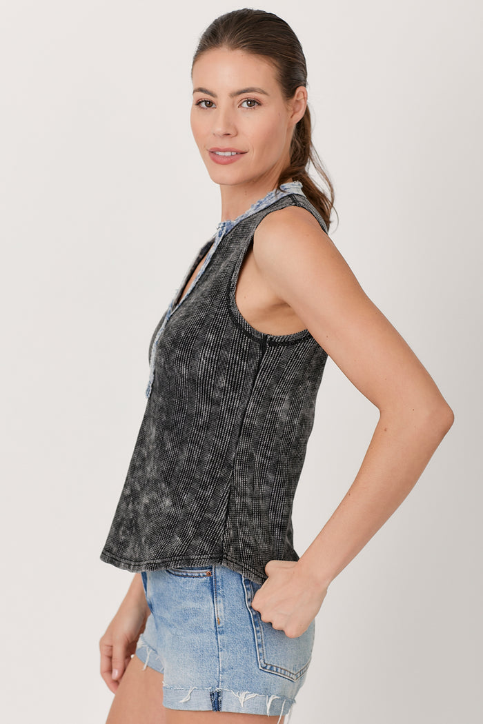 Washed Thermal Sleeveless Henley Top | Black, Cream