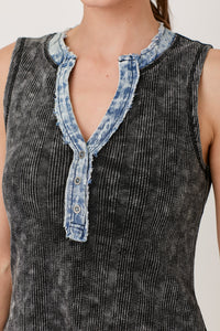 Washed Thermal Sleeveless Henley Top | Black, Cream
