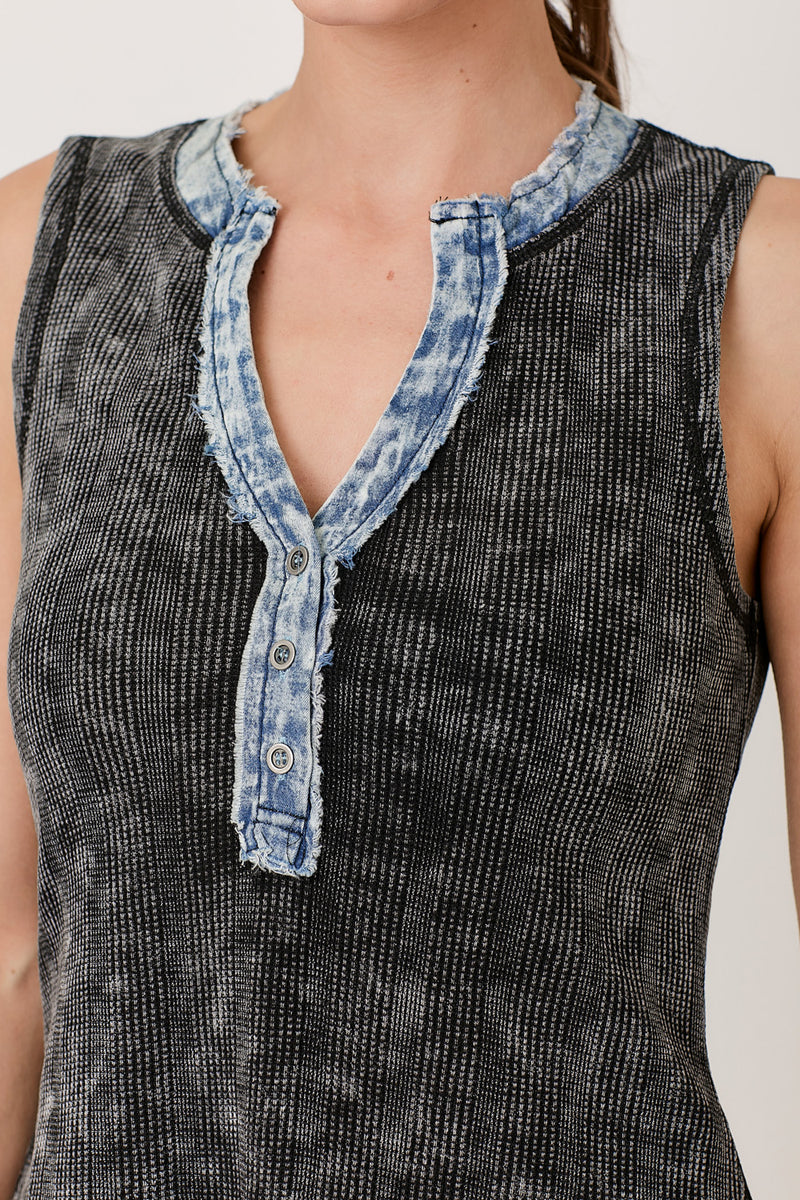 Washed Thermal Sleeveless Henley Top | Black, Cream