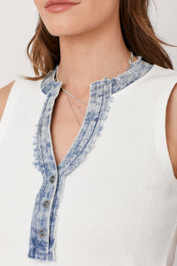 Washed Thermal Sleeveless Henley Top | Black, Cream