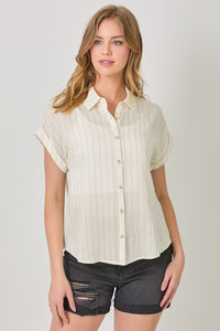 Rolled Up Sleeve Stripe Top | Ivory, Seafoam Green