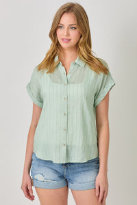Rolled Up Sleeve Stripe Top | Ivory, Seafoam Green
