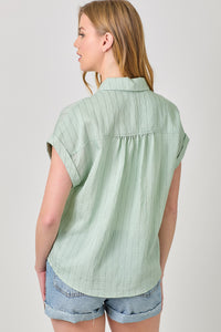 Rolled Up Sleeve Stripe Top | Ivory, Seafoam Green