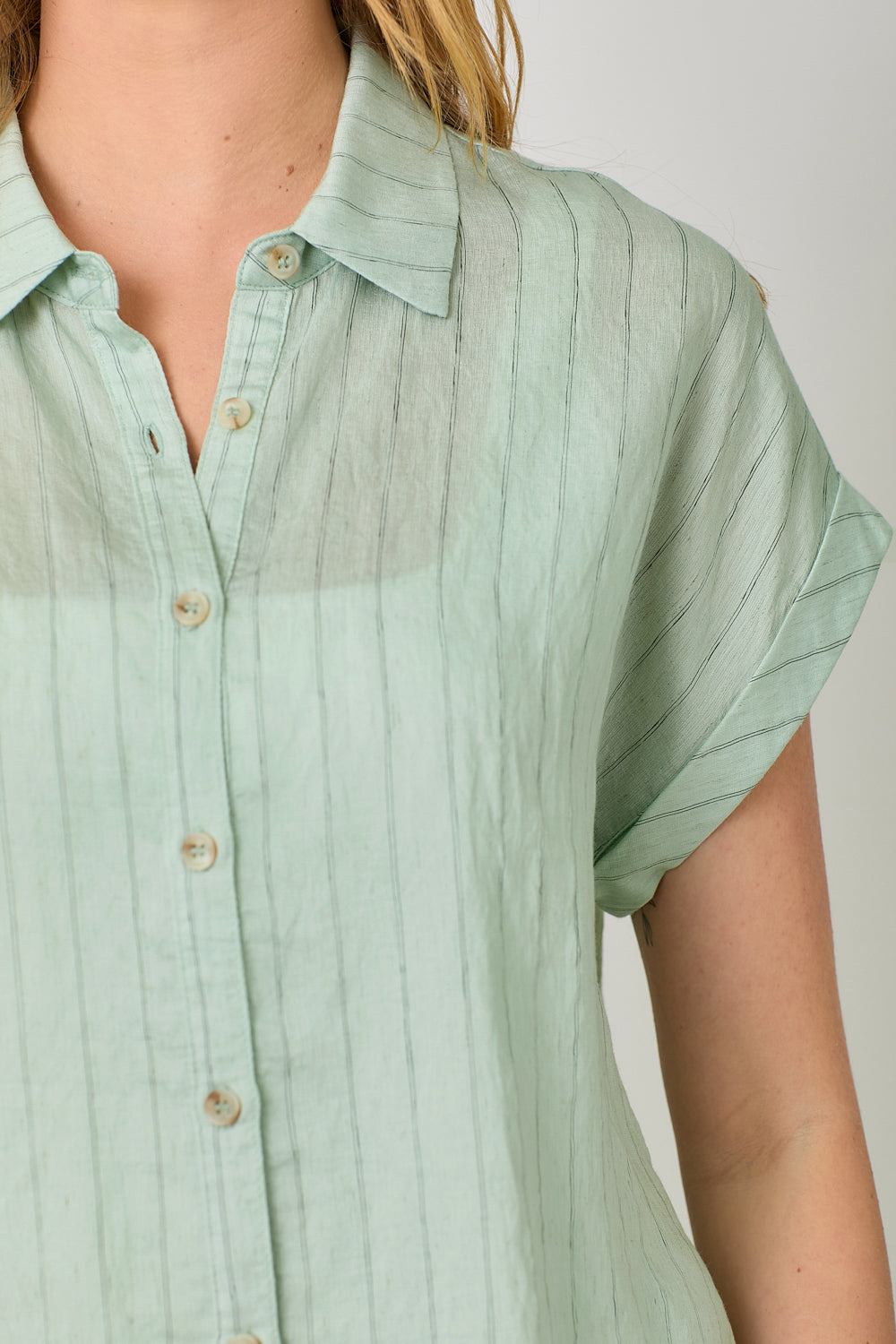 Rolled Up Sleeve Stripe Top | Ivory, Seafoam Green