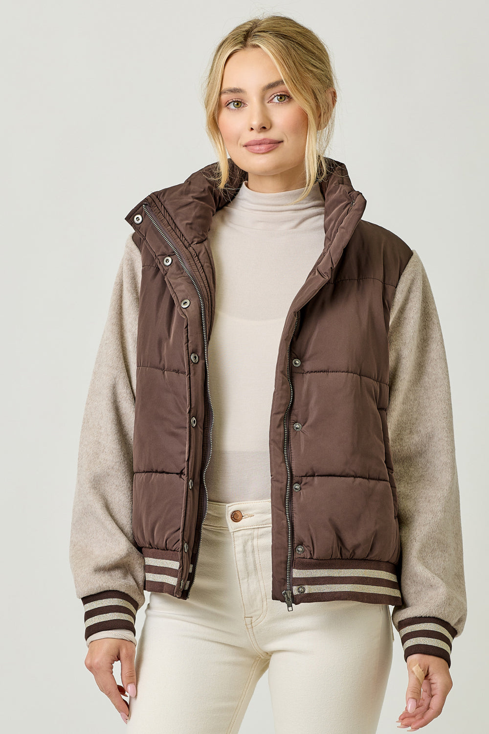 Mixed Media Puffer Jacket | Chocolate