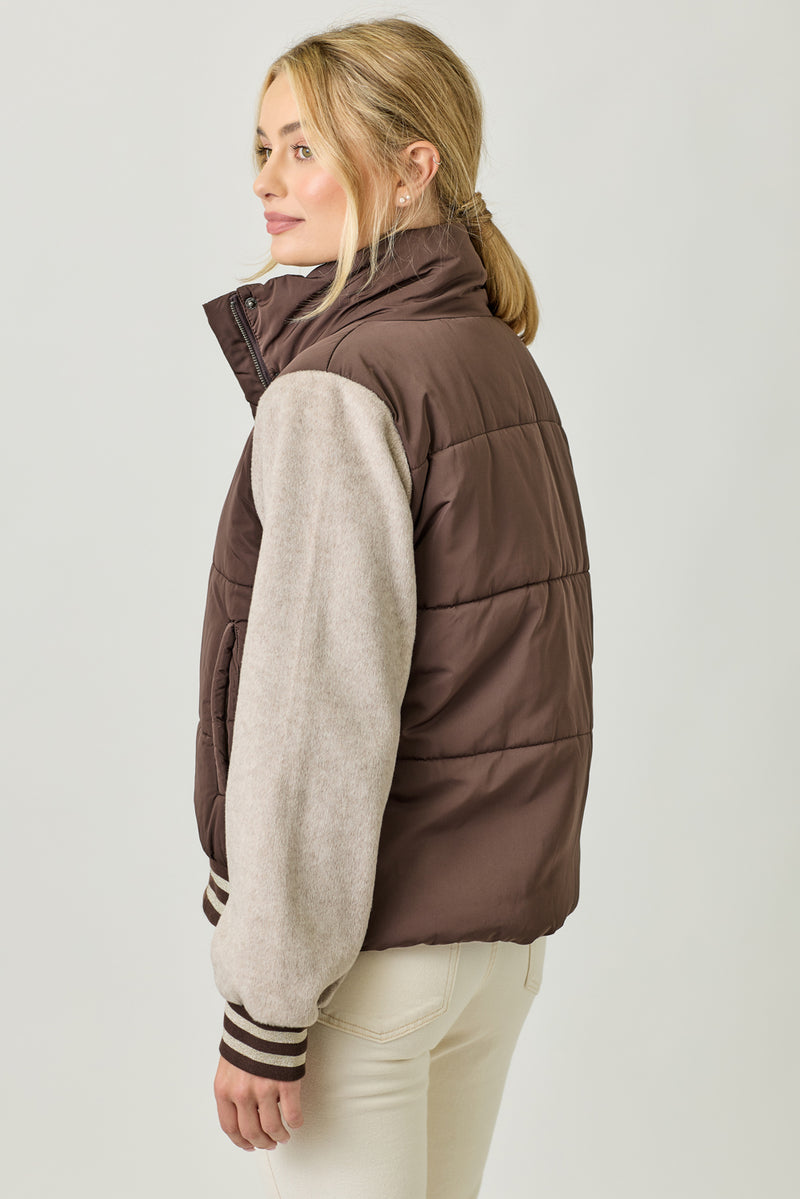 Mixed Media Puffer Jacket | Chocolate