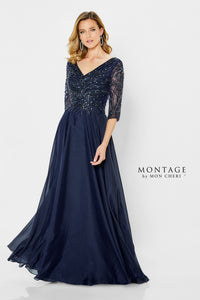 Montage 116950 Beaded Chiffon A-Line Gown with Fully beaded 3/4 sleeve and V-Neckline