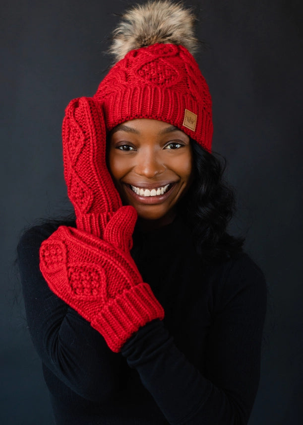 Cable Knit Pom Hat | Red, Beige