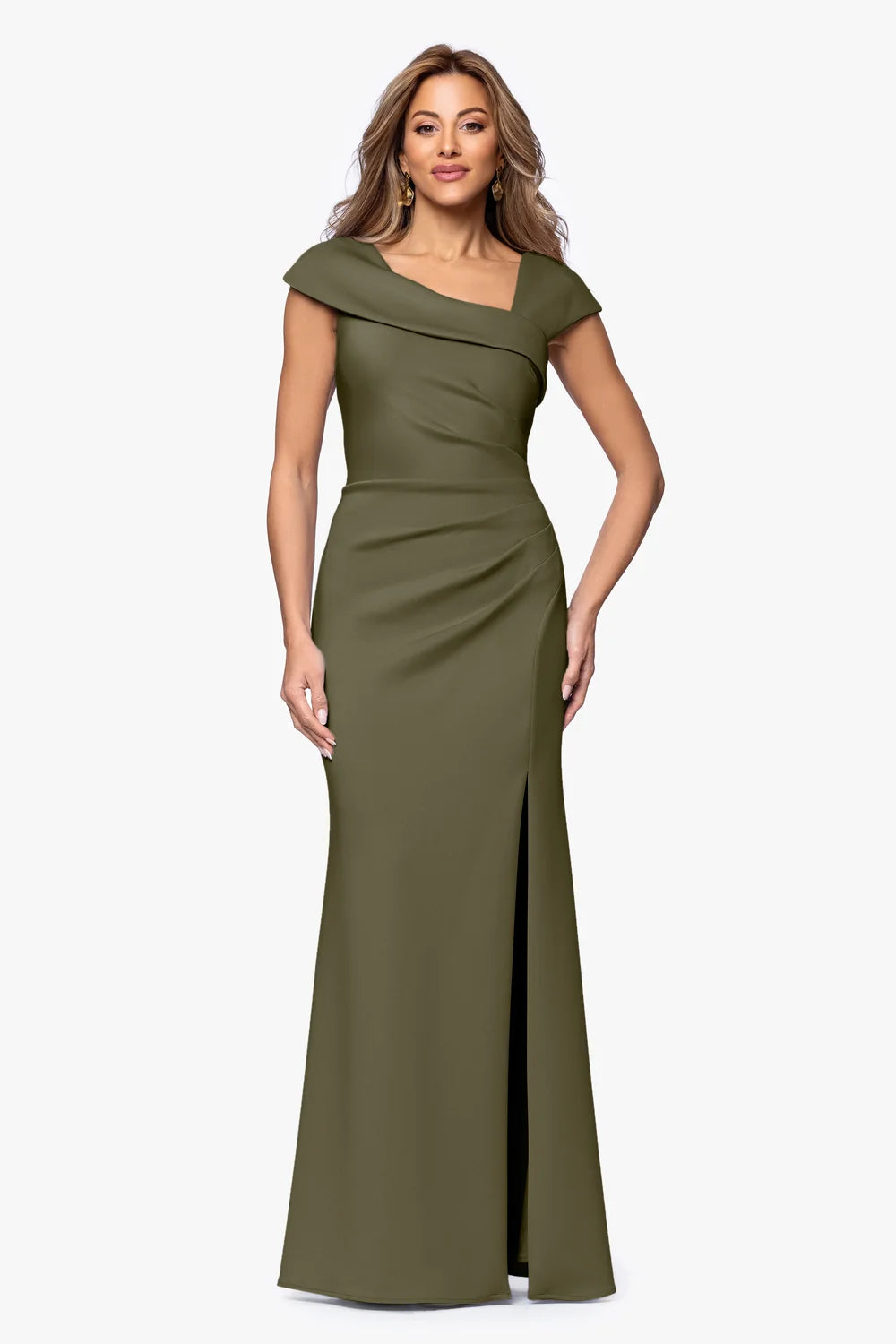 Cap Sleeve Asymmetric Scuba Gown | Black, Olive