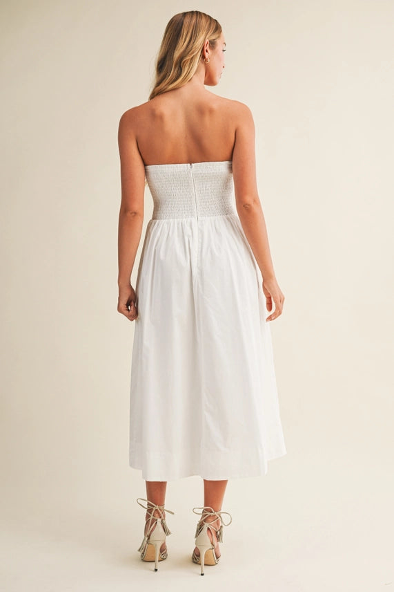 Pintuck & Smocked Bodice Strapless Dress | White, Chambray