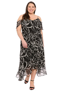 Cold Shoulder Ruffle Wrap Maxi Dress | Black/White