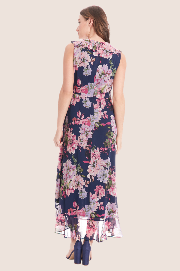 Chiffon Surplice Floral Dress | Navy/Pink