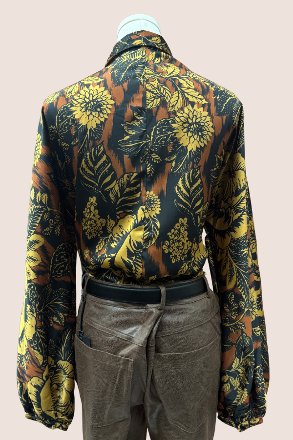 Long Sleeve Button Front Satin Blouse | Pink Ikat