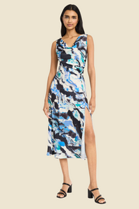 Sleeveless Watercolor Draped Satin Dress | Cream/Navy