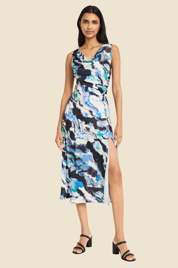 Sleeveless Watercolor Draped Satin Dress | Cream/Navy