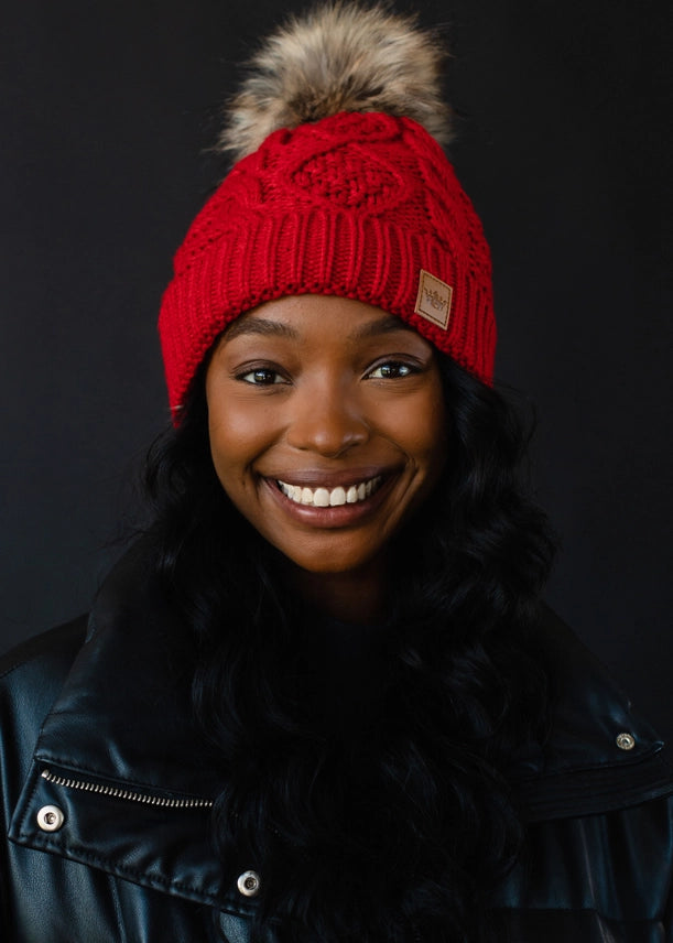 Cable Knit Pom Hat | Red, Beige