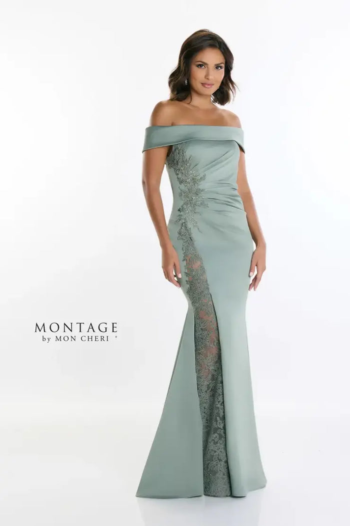 Montage M535 Off Shoulder Side Beaded Gown | Sage