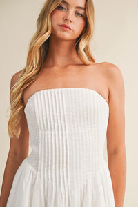 Pintuck & Smocked Bodice Strapless Dress | White, Chambray