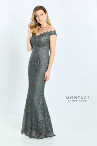 Montage 117920 Off The Shoulder Fit And Flare Beaded Lace Gown