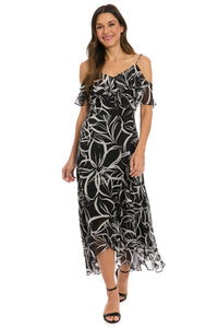 Cold Shoulder Ruffle Wrap Maxi Dress | Black/White