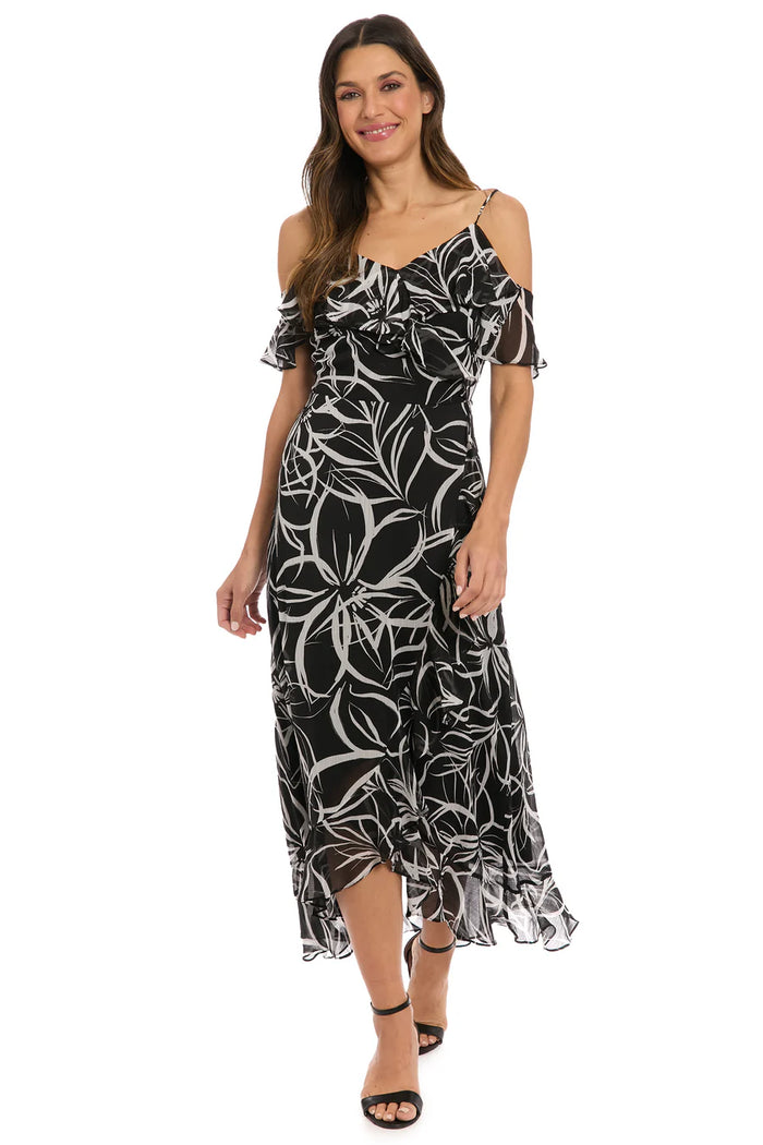 Cold Shoulder Ruffle Wrap Maxi Dress | Black/White