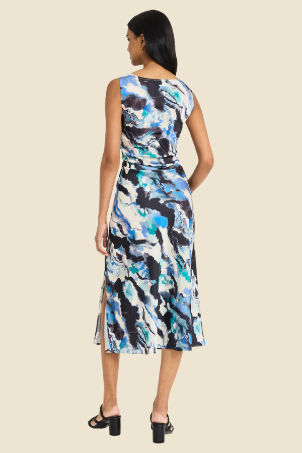 Sleeveless Watercolor Draped Satin Dress | Cream/Navy