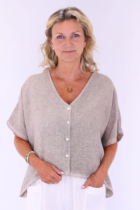 Linen & Cotton Blend Short Sleeve Cardigan | Pale Pink, Truffle, White
