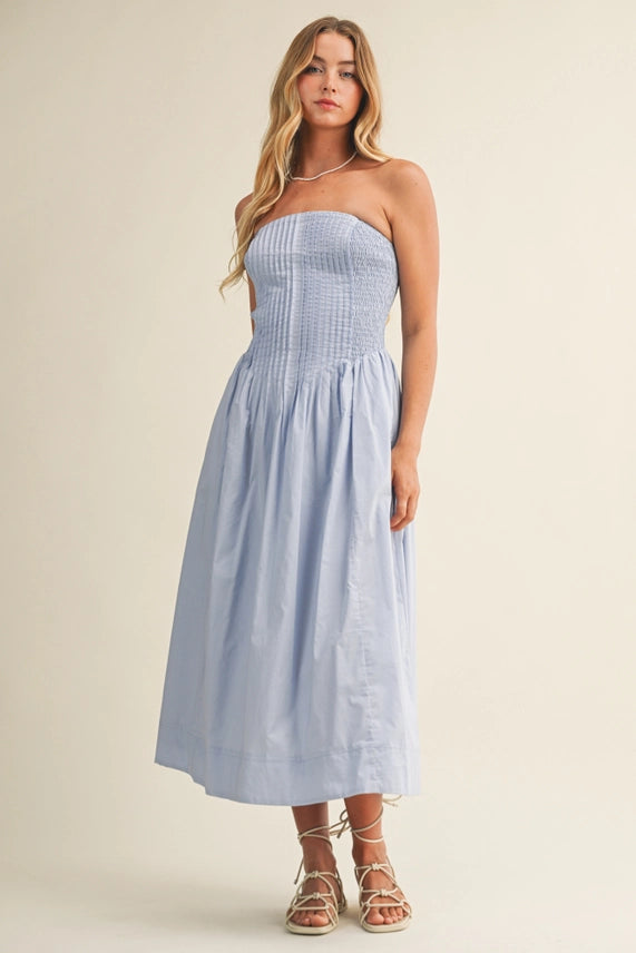 Pintuck & Smocked Bodice Strapless Dress | White, Chambray