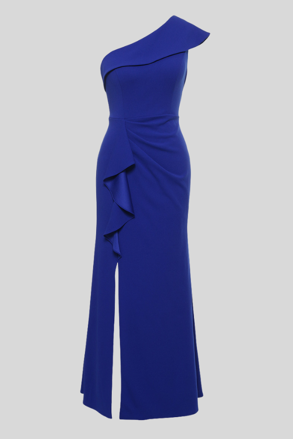 Stretch Crepe One Shoulder with Cascade Peplum Detail | Royal Blue