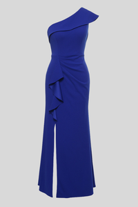 Stretch Crepe One Shoulder with Cascade Peplum Detail | Royal Blue