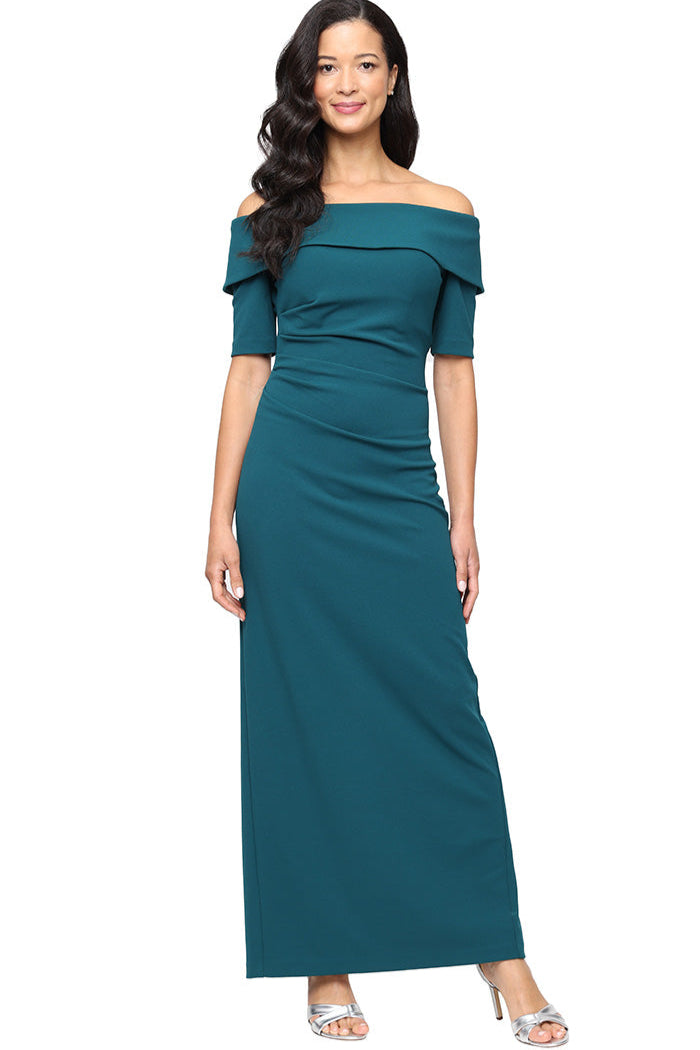 Stretch Crepe off-the-Shoulder Dress | Dark Teal, Aubergine