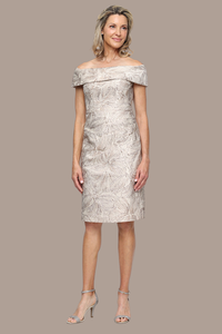 Off the Shoulder Jacquard Dress with Foldover Neckline | Taupe