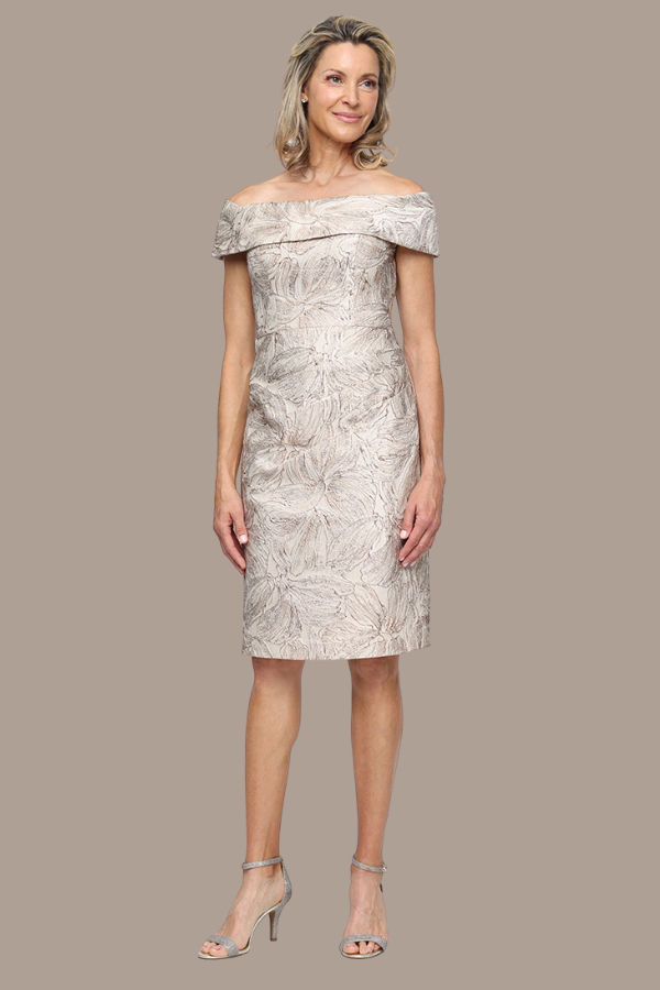 Off the Shoulder Jacquard Dress with Foldover Neckline | Taupe