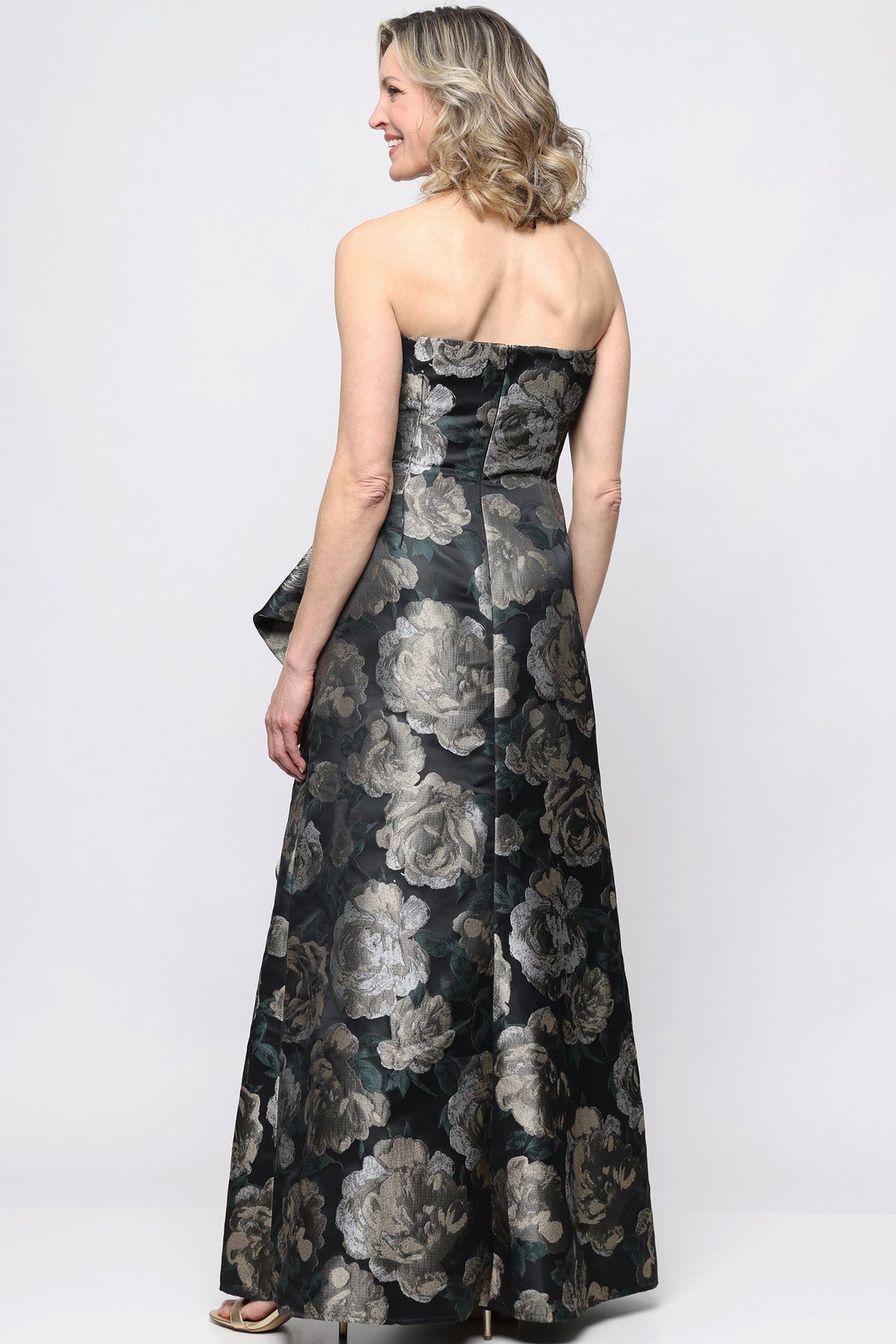 Jacquard Strapless Dress with Cascade Detail & Shawl | Black