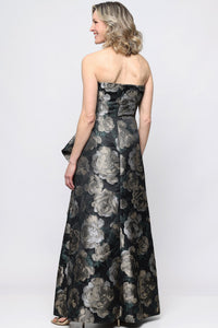 Jacquard Strapless Dress with Cascade Detail & Shawl | Black