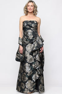 Jacquard Strapless Dress with Cascade Detail & Shawl | Black