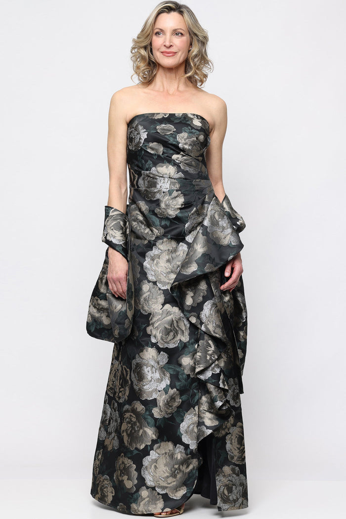 Jacquard Strapless Dress with Cascade Detail & Shawl | Black