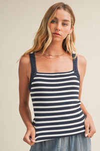 Sleeveless Crochet Strap Striped Tank | Midnight
